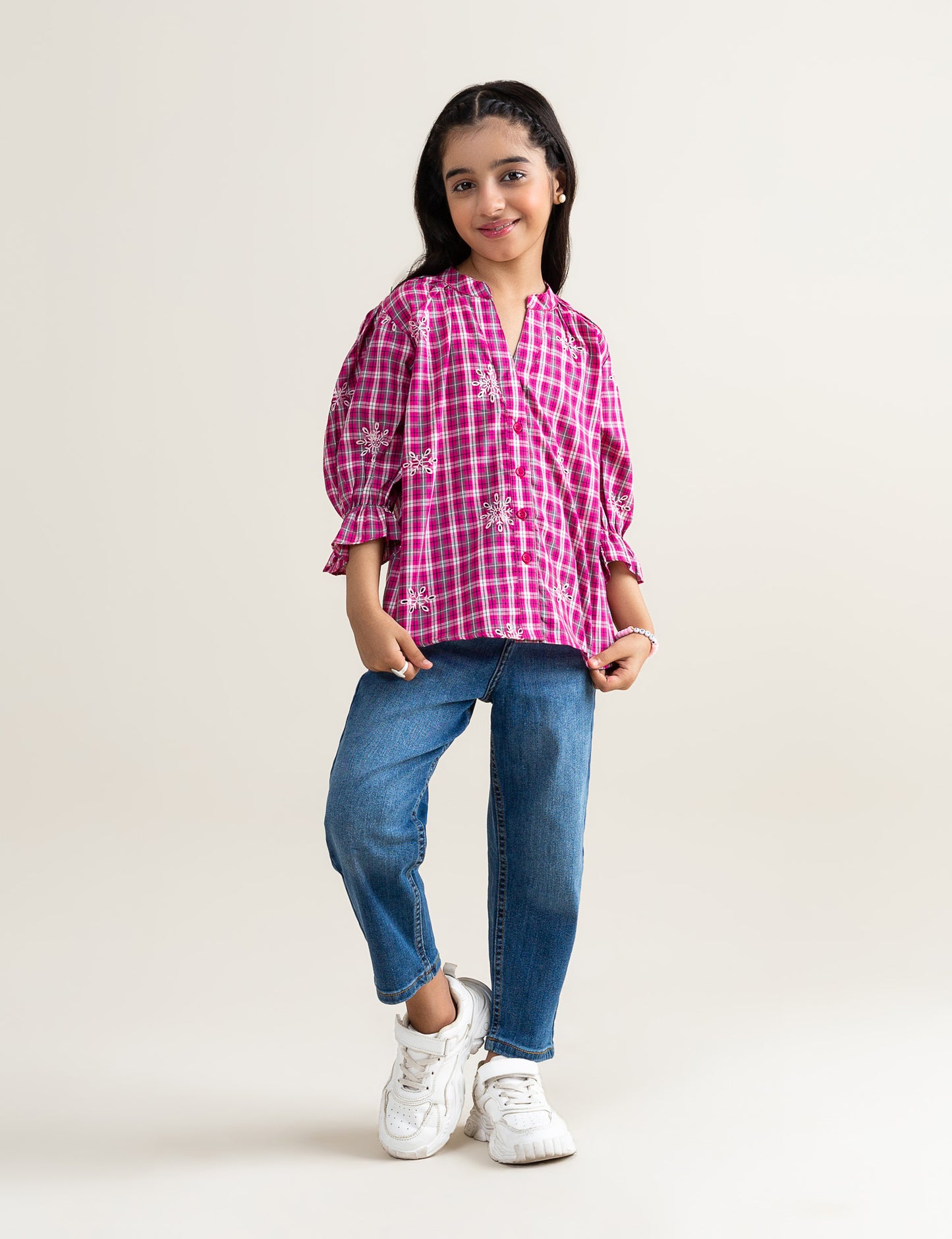 EMBROIDERED BUTTON DOWN CHECKERED TOP