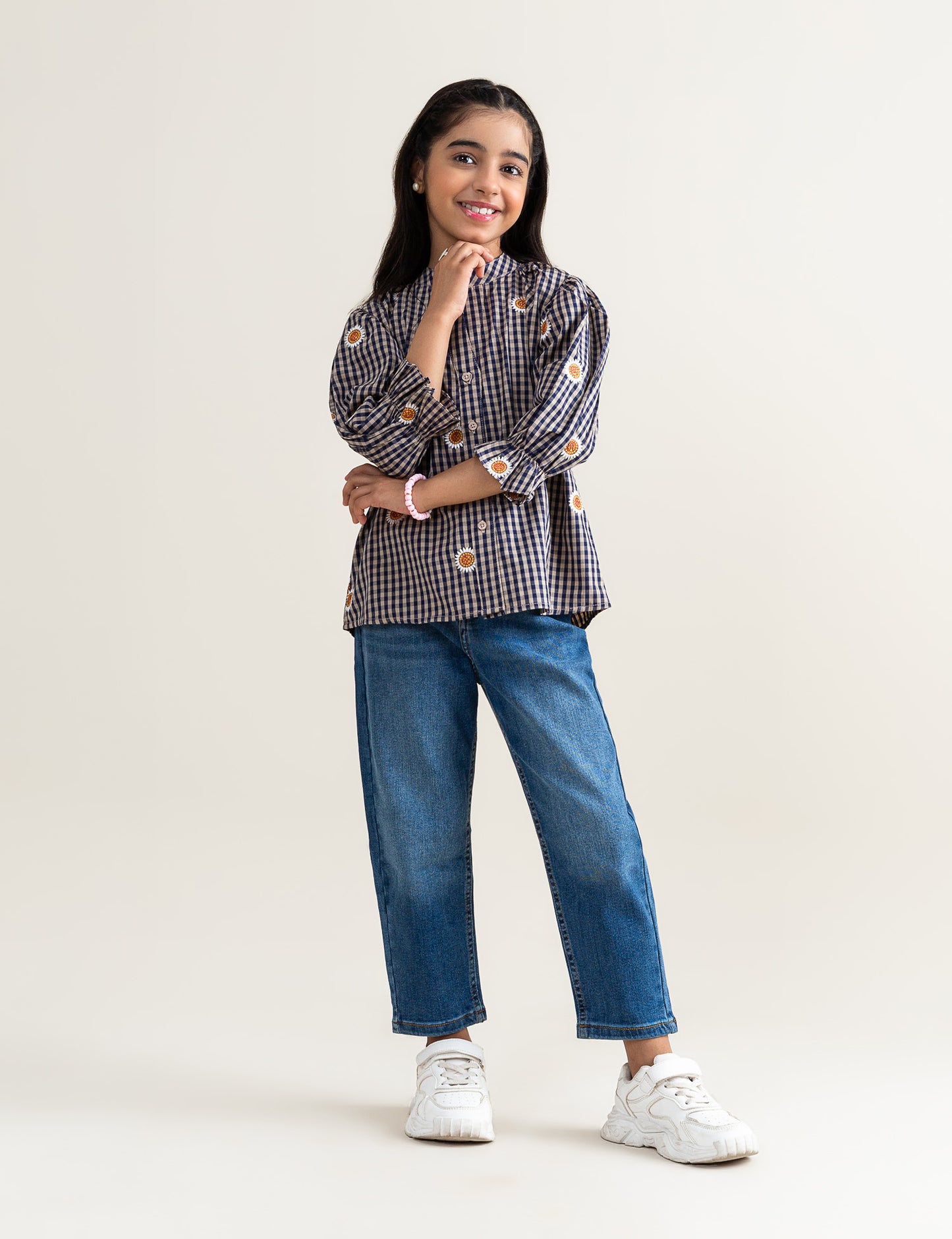FLORAL EMBROIDERED CHECKERED TOP
