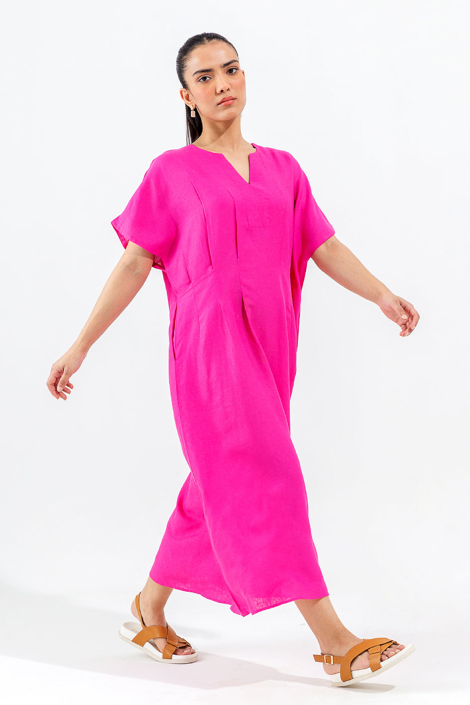 PINK LOOSE FIT PLEATED DRESS
