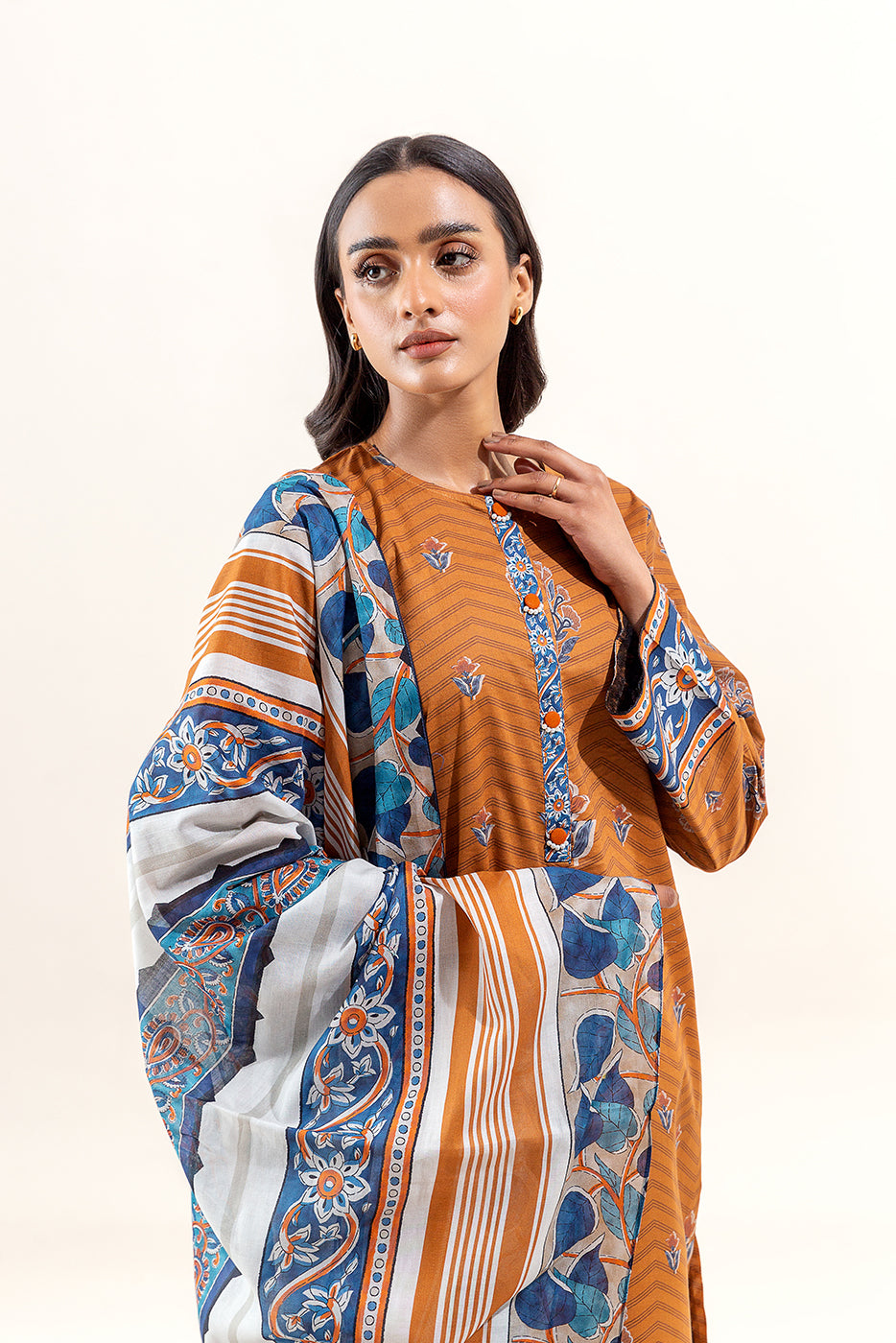 3 PIECE PRINTED LAWN SUIT-GOLDEN AMBER (UNSTITCHED) - BEECHTREE