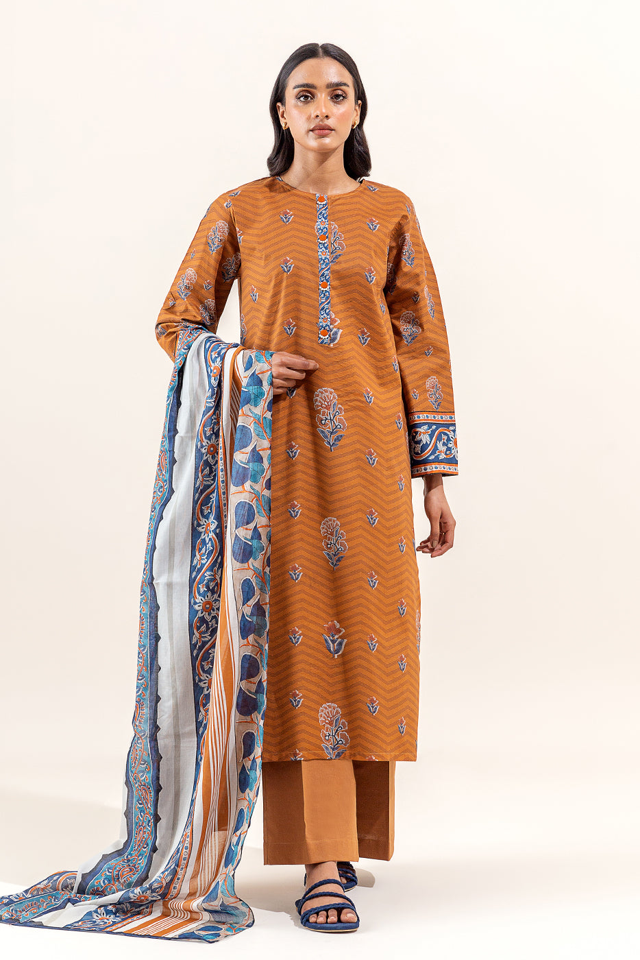 3 PIECE PRINTED LAWN SUIT-GOLDEN AMBER (UNSTITCHED)