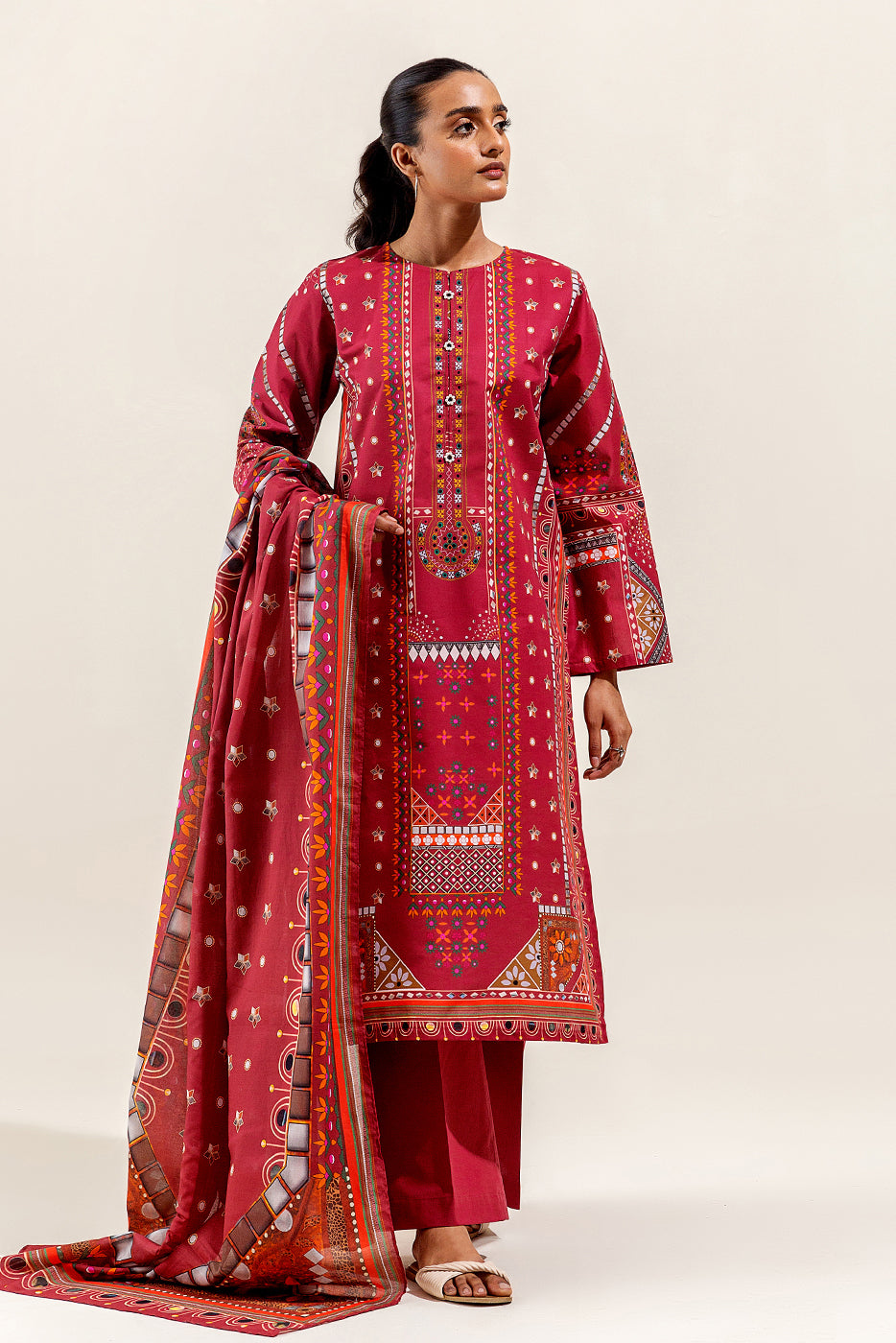 3 PIECE PRINTED SUIT-CRIMSON CHARM (UNSTITCHED)