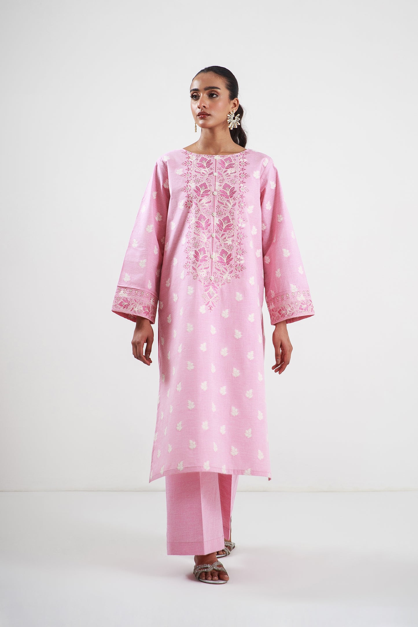 2 PIECE EMBROIDERED TWO TONE JACQUARD SUIT-ROSY PINK (UNSTITCHED)