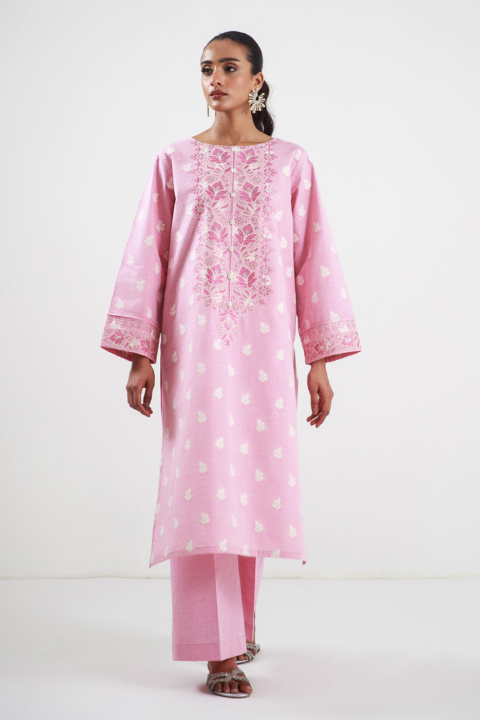 2 PIECE EMBROIDERED TWO TONE JACQUARD SUIT-ROSY PINK (UNSTITCHED)