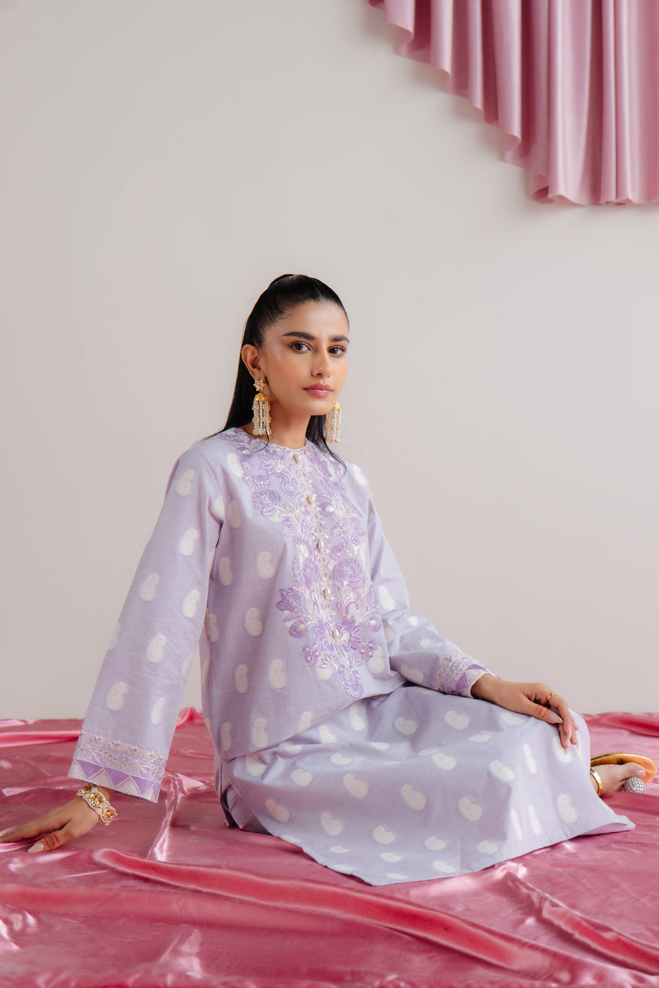 2 PIECE EMBROIDERED TWO TONE JACQUARD SUIT-LAVENDER DEW (UNSTITCHED) - BEECHTREE