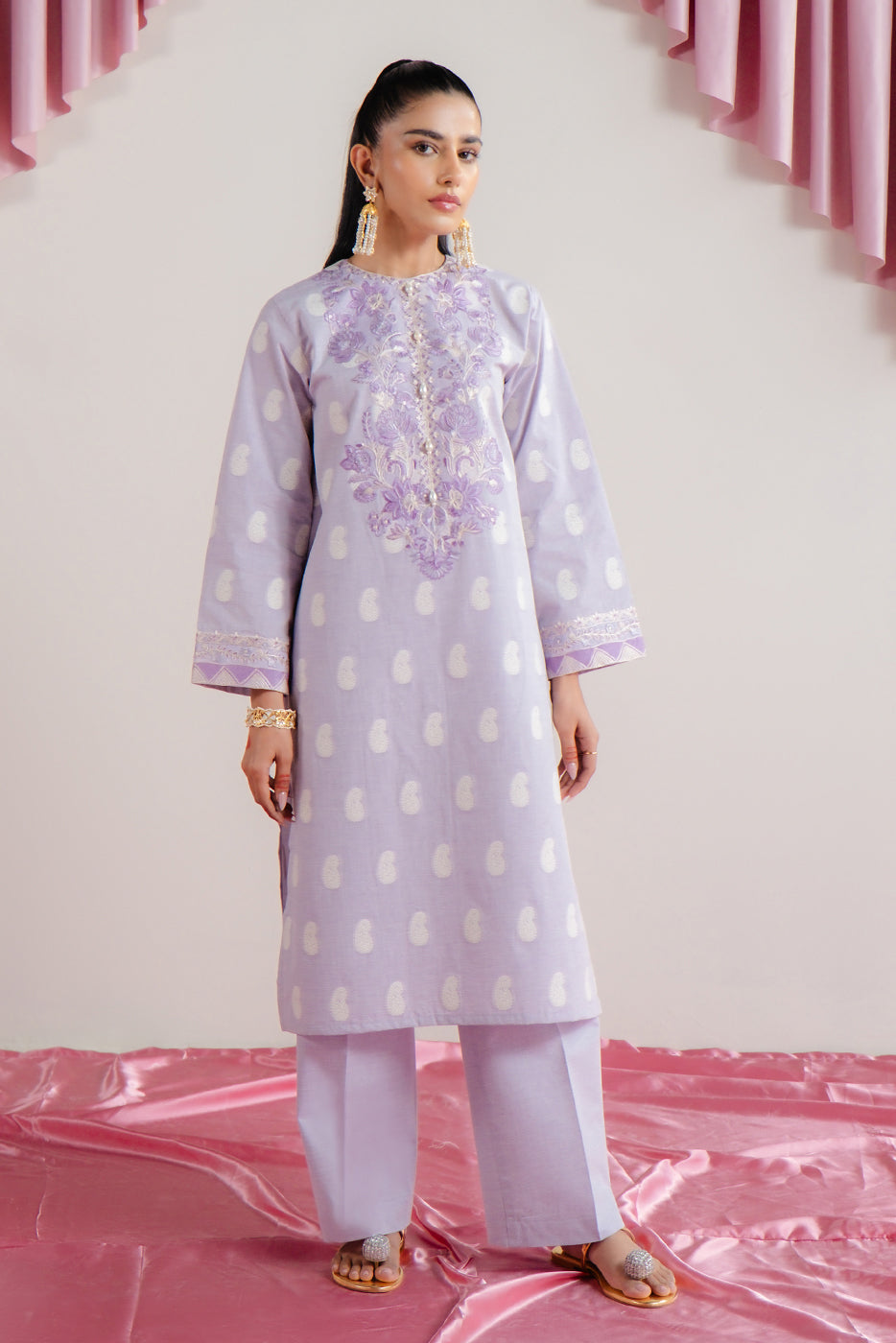 2 PIECE EMBROIDERED TWO TONE JACQUARD SUIT-LAVENDER DEW (UNSTITCHED)