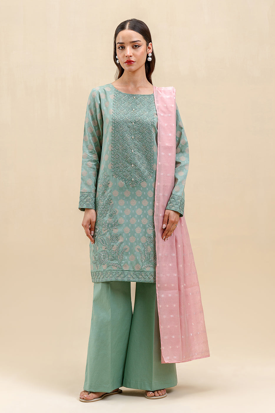 3 PIECE EMBROIDERED JACQUARD SUIT-TURQOISE BLUSH (UNSTITCHED)