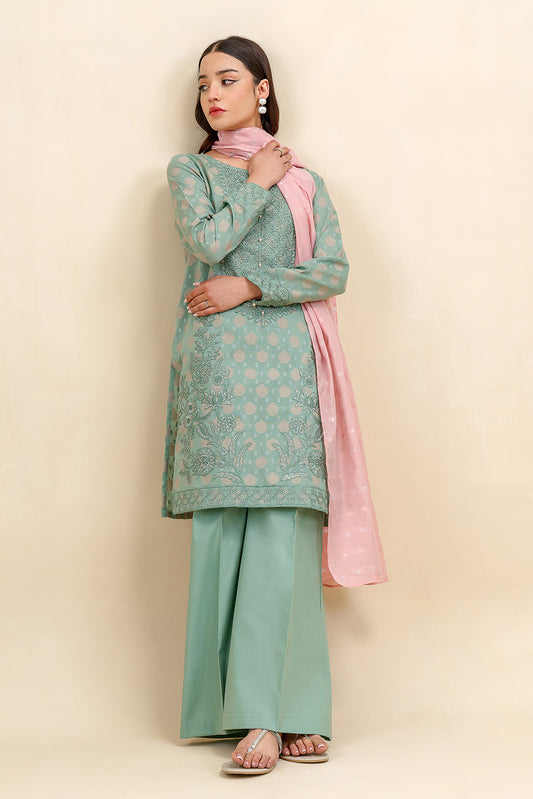 3 PIECE EMBROIDERED JACQUARD SUIT-TURQOISE BLUSH (UNSTITCHED)