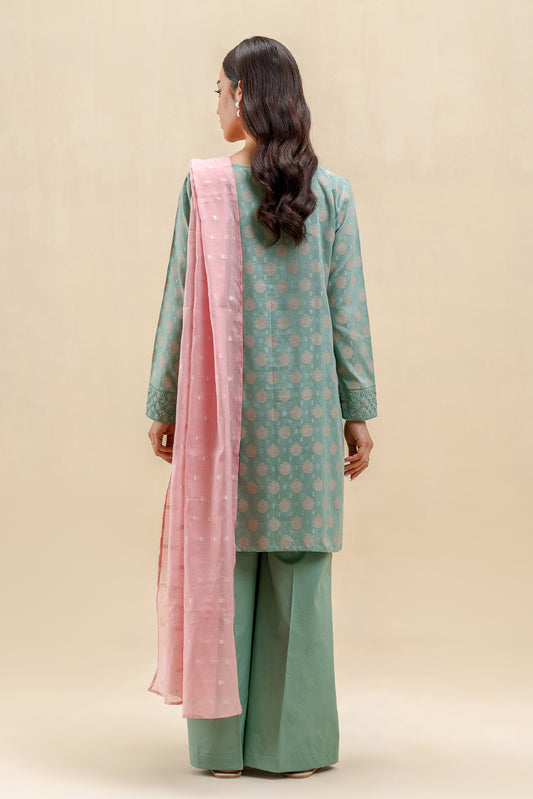 3 PIECE EMBROIDERED JACQUARD SUIT-TURQOISE BLUSH (UNSTITCHED)