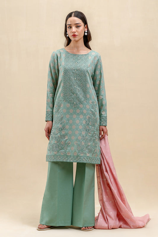 3 PIECE EMBROIDERED JACQUARD SUIT-TURQOISE BLUSH (UNSTITCHED)