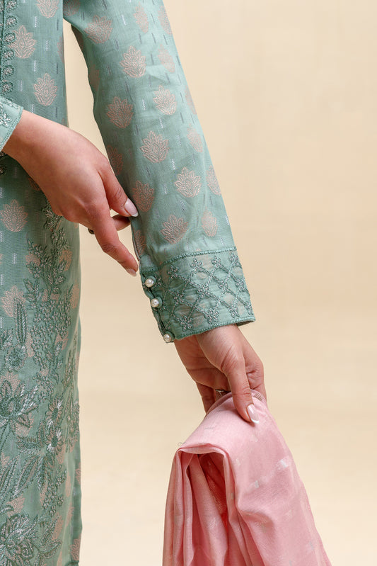 3 PIECE EMBROIDERED JACQUARD SUIT-TURQOISE BLUSH (UNSTITCHED)