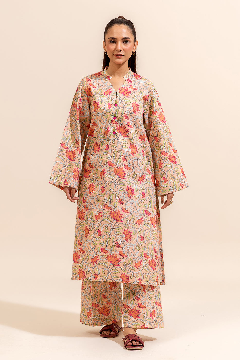 2 PIECE PRINTED LAWN SUIT-PEACH FUZZ (UNSTITCHED)