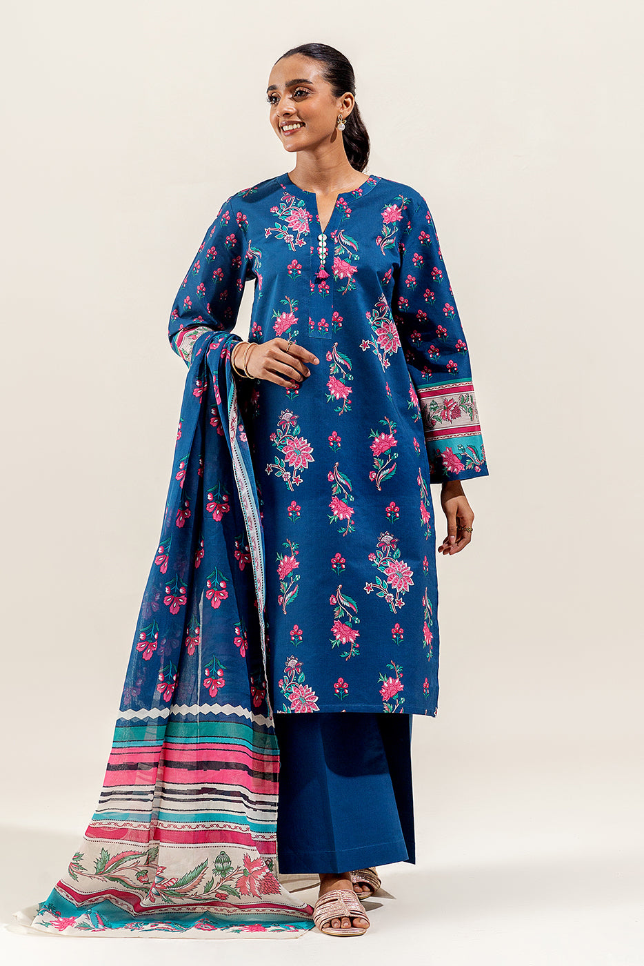 3 PIECE PRINTED SUIT-TEAL FLORA (UNSTITCHED)