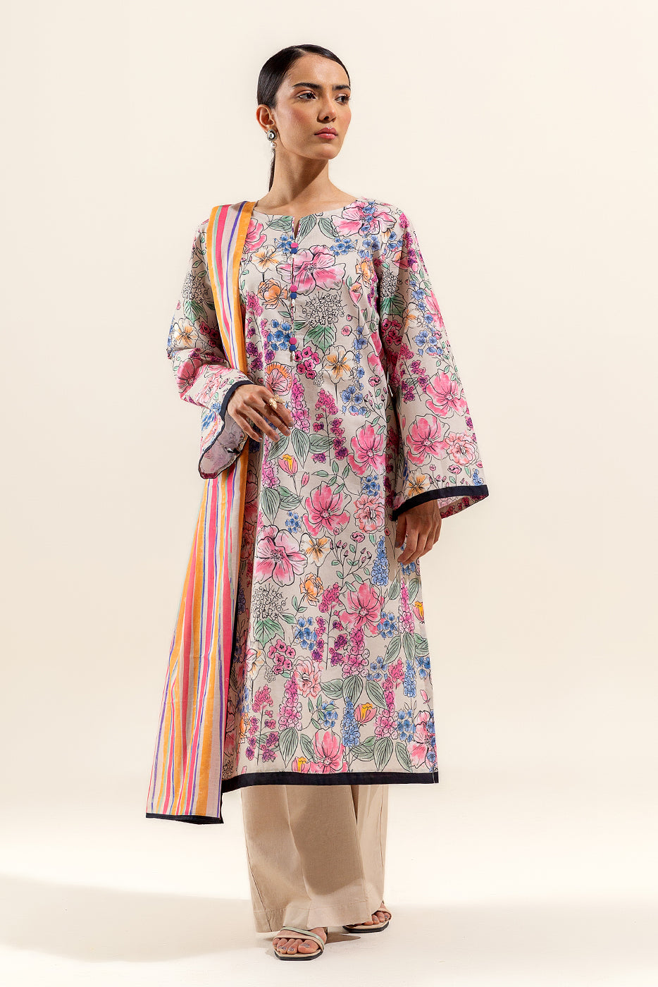 3 PIECE PRINTED LAWN SUIT-FLORET DUST (UNSTITCHED)