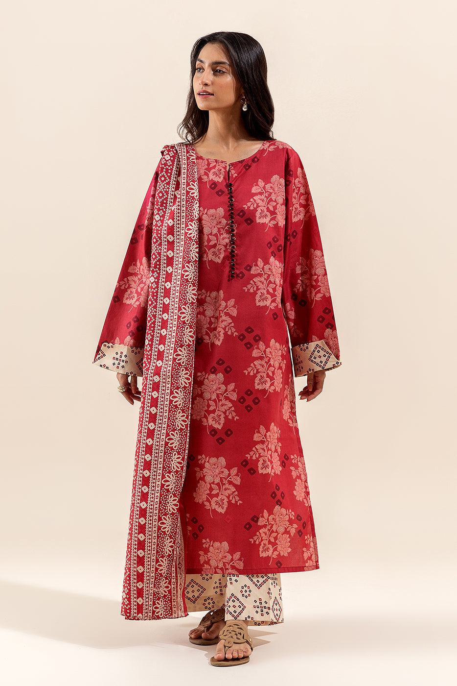 3 PIECE PRINTED LAWN SUIT-RED WOOD (UNSTITCHED)