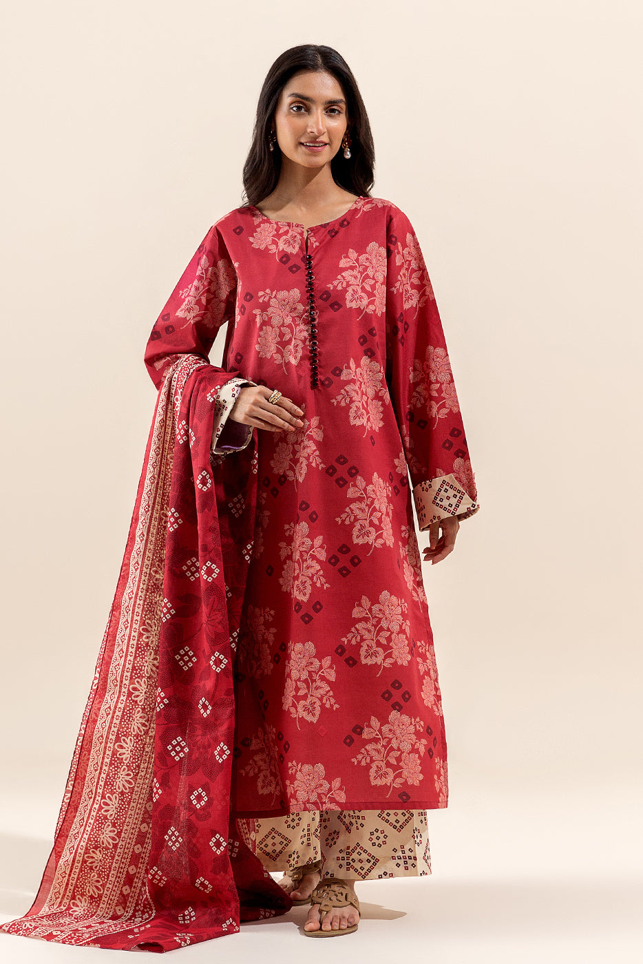 3 PIECE PRINTED LAWN SUIT-RED WOOD (UNSTITCHED)