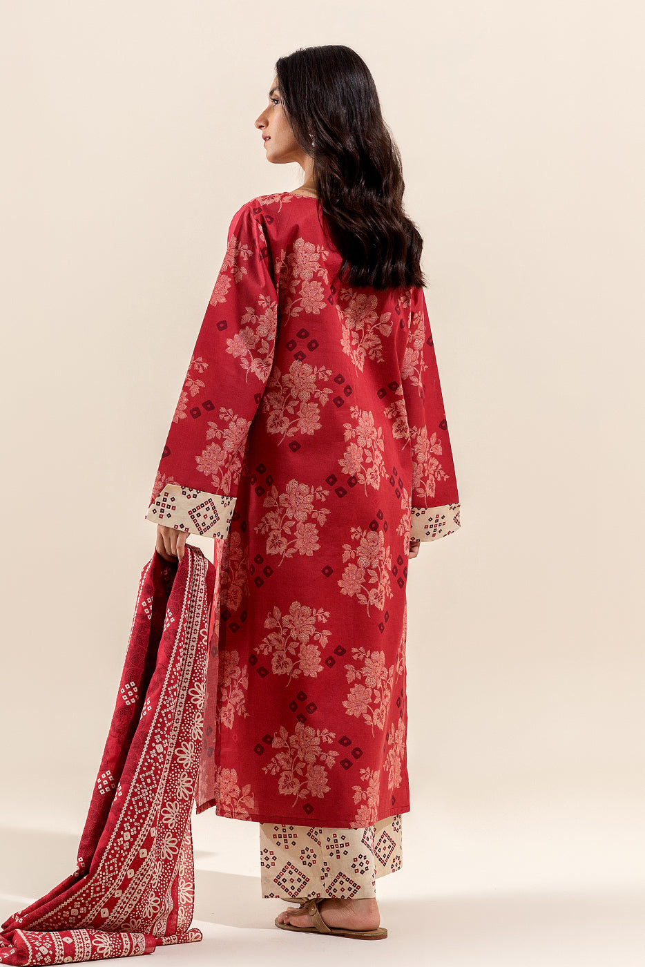 3 PIECE PRINTED LAWN SUIT-RED WOOD (UNSTITCHED)