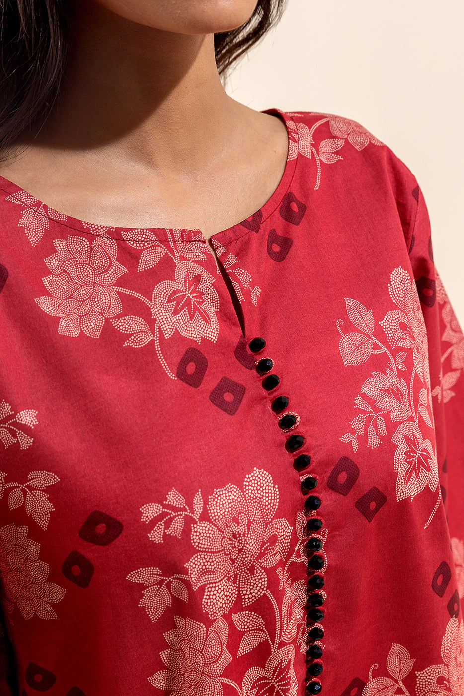 3 PIECE PRINTED LAWN SUIT-RED WOOD (UNSTITCHED)