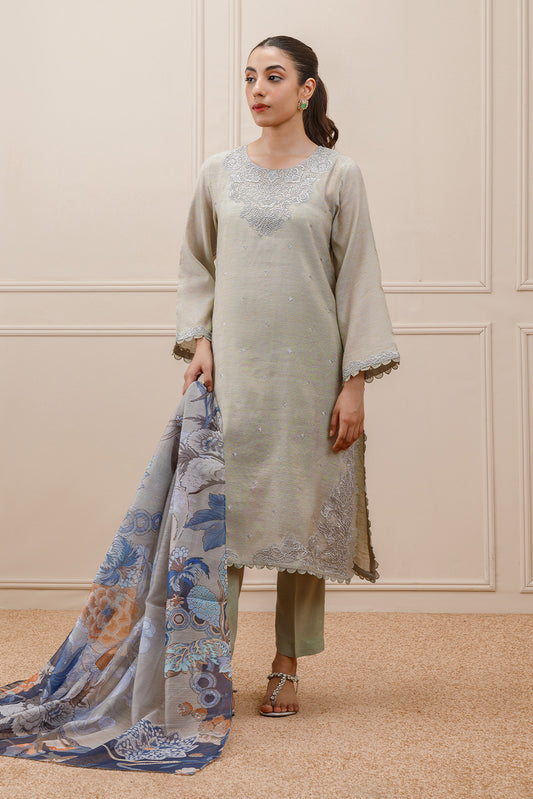 3 PIECE EMBROIDERED GOLD NET SUIT (PRET)