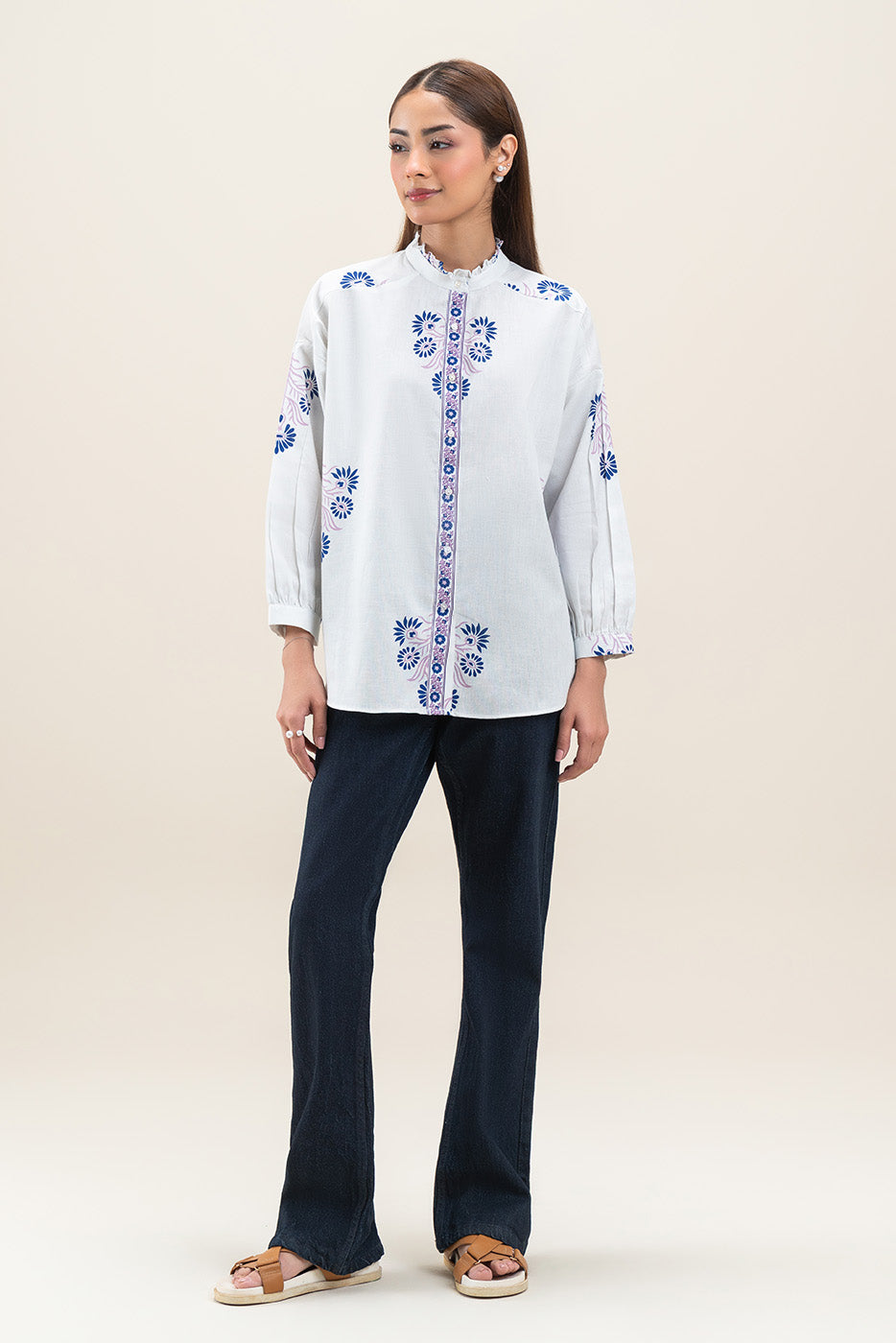 PRINTED BAND COLLAR BLOUSE