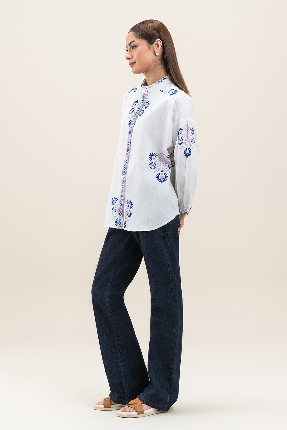PRINTED BAND COLLAR BLOUSE