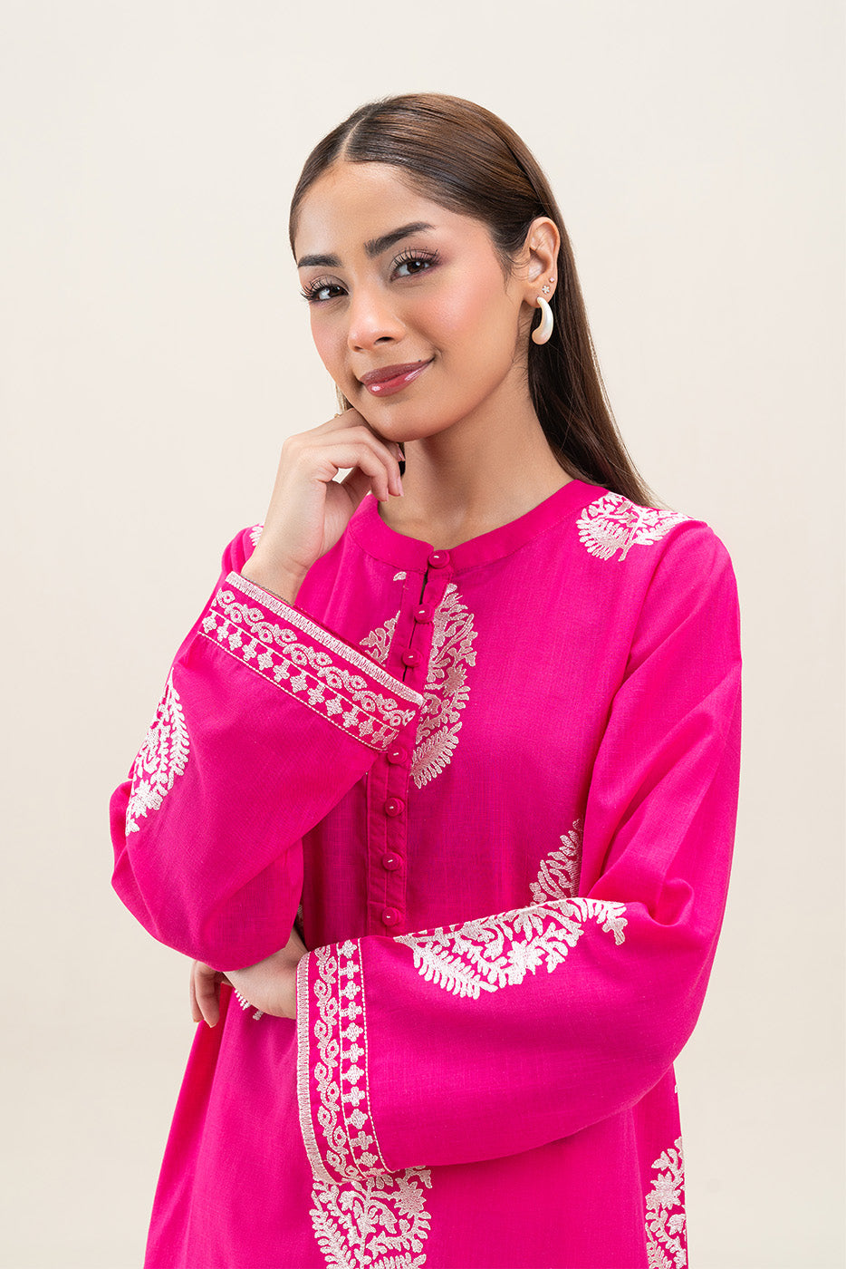 EMBROIDERED SLUB LAWN SHIRT (PRET)