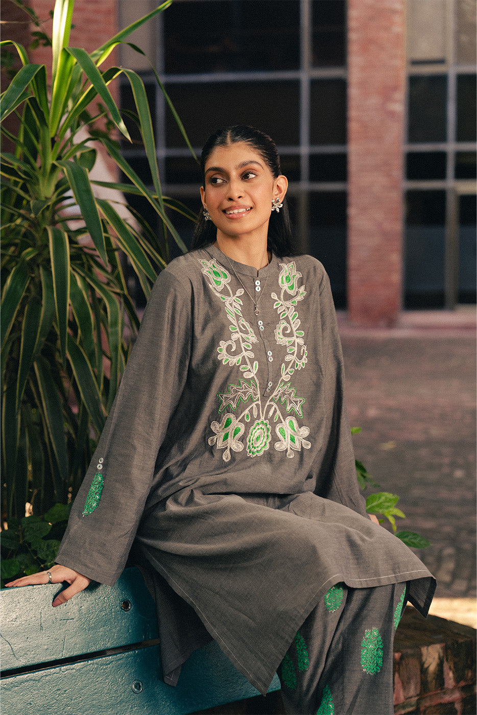 2 PIECE EMBROIDERED CHAMBRAY SUIT (PRET)