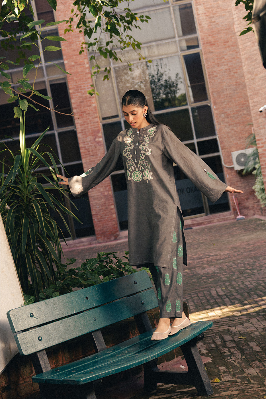 2 PIECE EMBROIDERED CHAMBRAY SUIT (PRET)