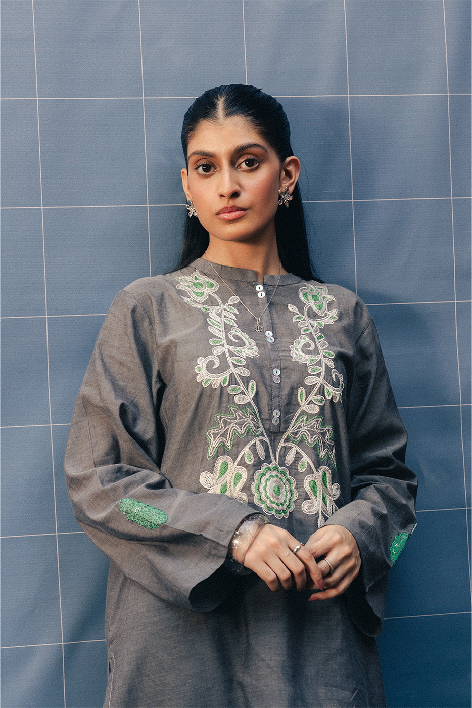 2 PIECE EMBROIDERED CHAMBRAY SUIT (PRET)