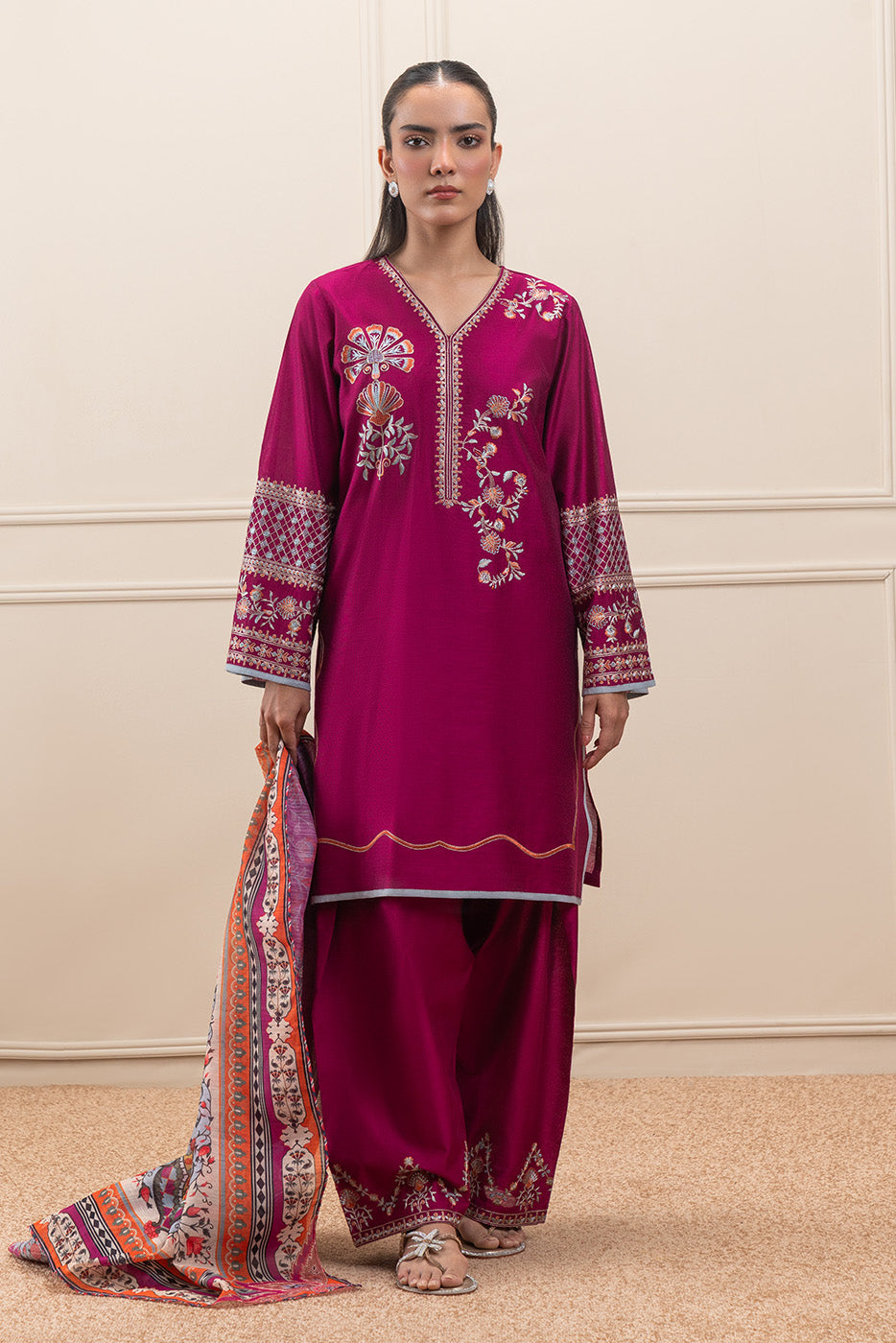 3 PIECE EMBROIDERED TWO TONE SUIT (PRET)