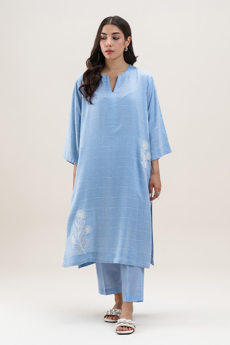 2 PIECE EMBROIDERED CHAMBRAY SUIT (PRET)