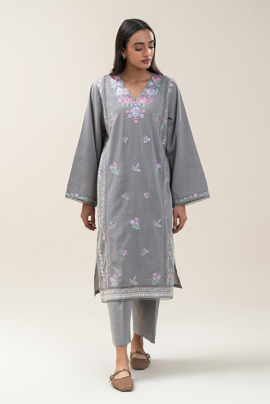 2 PIECE EMBROIDERED CHAMBRAY SUIT (PRET)