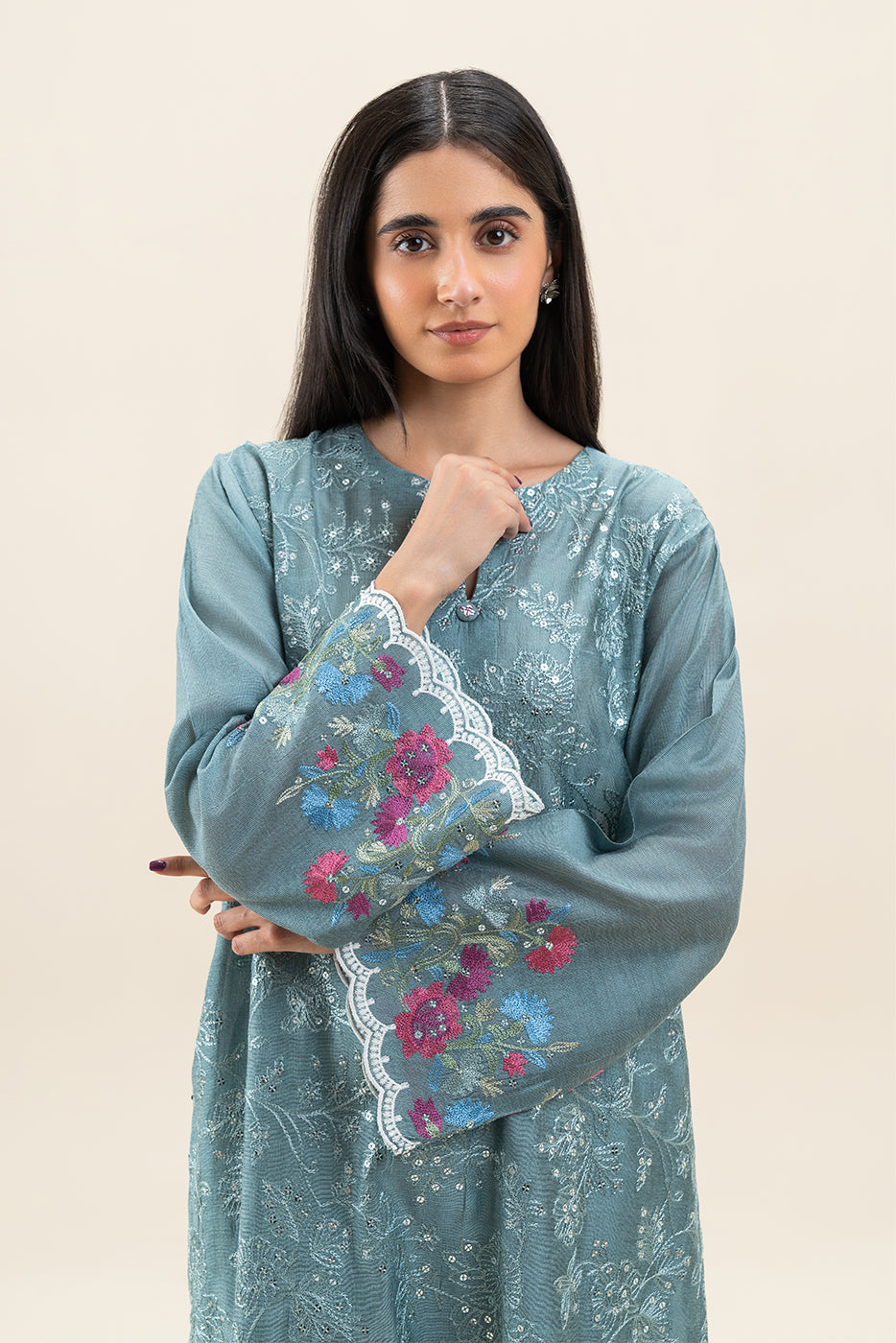 2 PIECE EMBROIDERED TWO TONE SUIT (PRET)