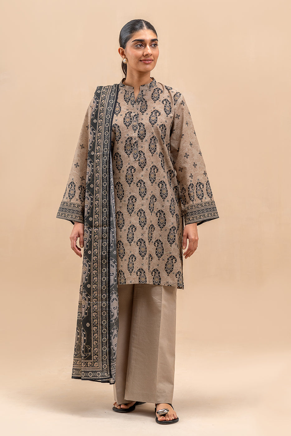 3 PIECE PRINTED LAWN SUIT-BEIGE VERVE (UNSTITCHED)