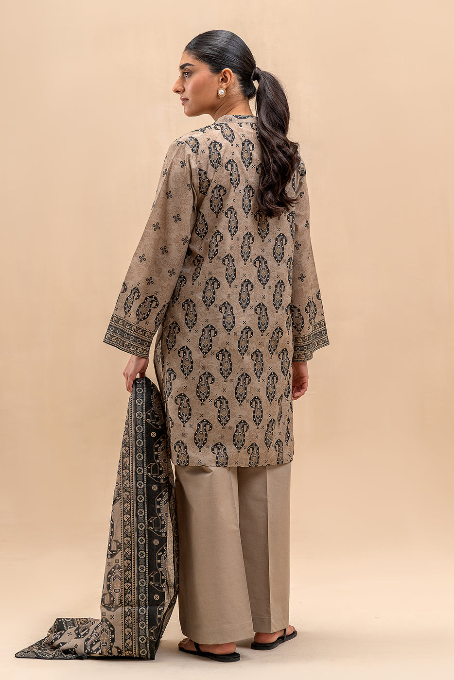 3 PIECE PRINTED LAWN SUIT-BEIGE VERVE (UNSTITCHED)