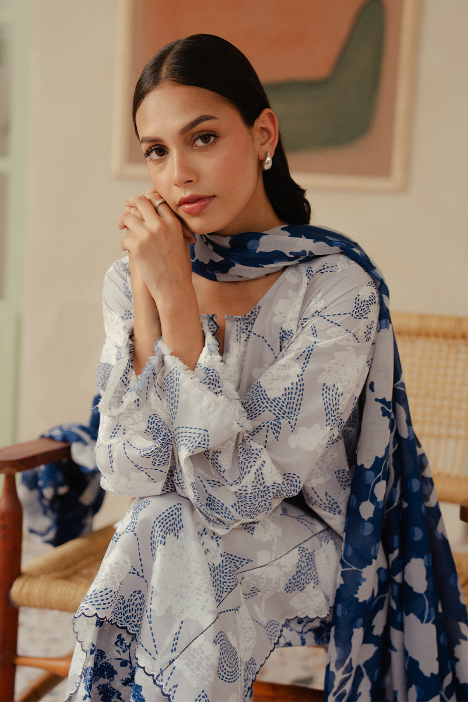 3 PIECE PRINTED BLENDED LAWN SUIT-PEARL BLUE (UNSTITCHED)