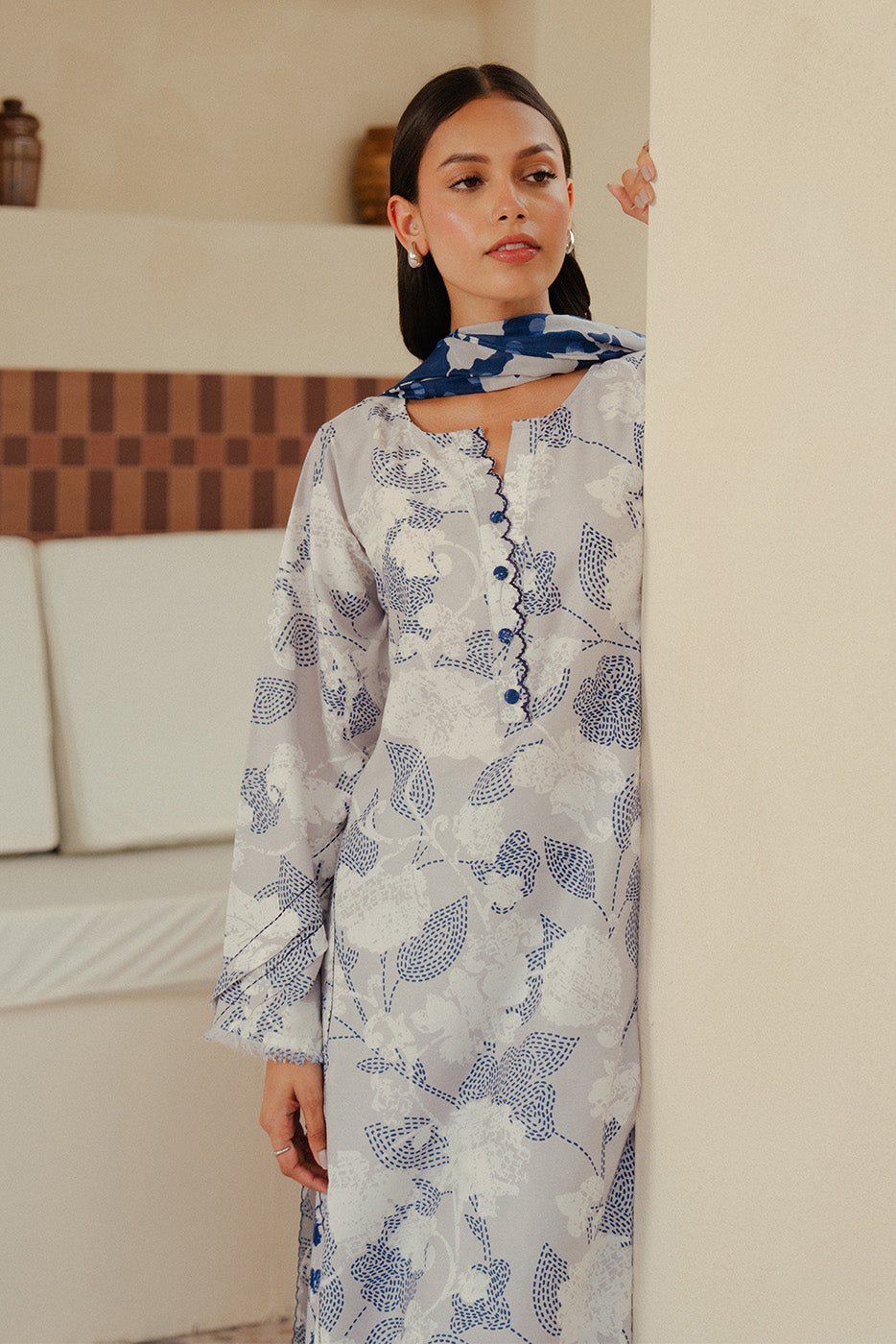3 PIECE PRINTED BLENDED LAWN SUIT-PEARL BLUE (UNSTITCHED)