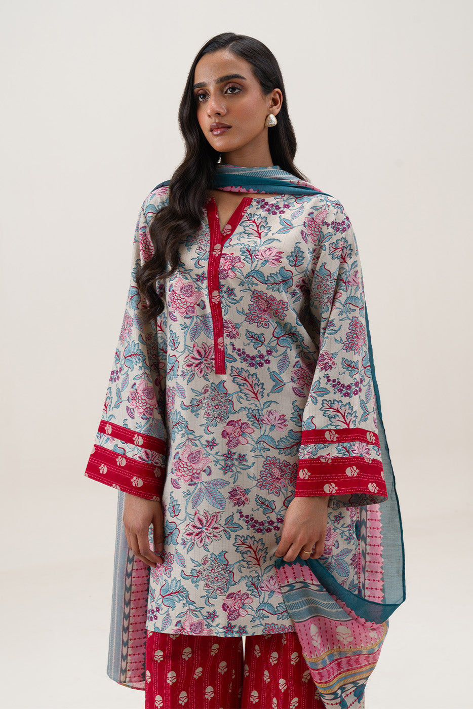 3 PIECE PRINTED BLENDED LAWN SUIT-DEEP CLARET (UNSTITCHED)
