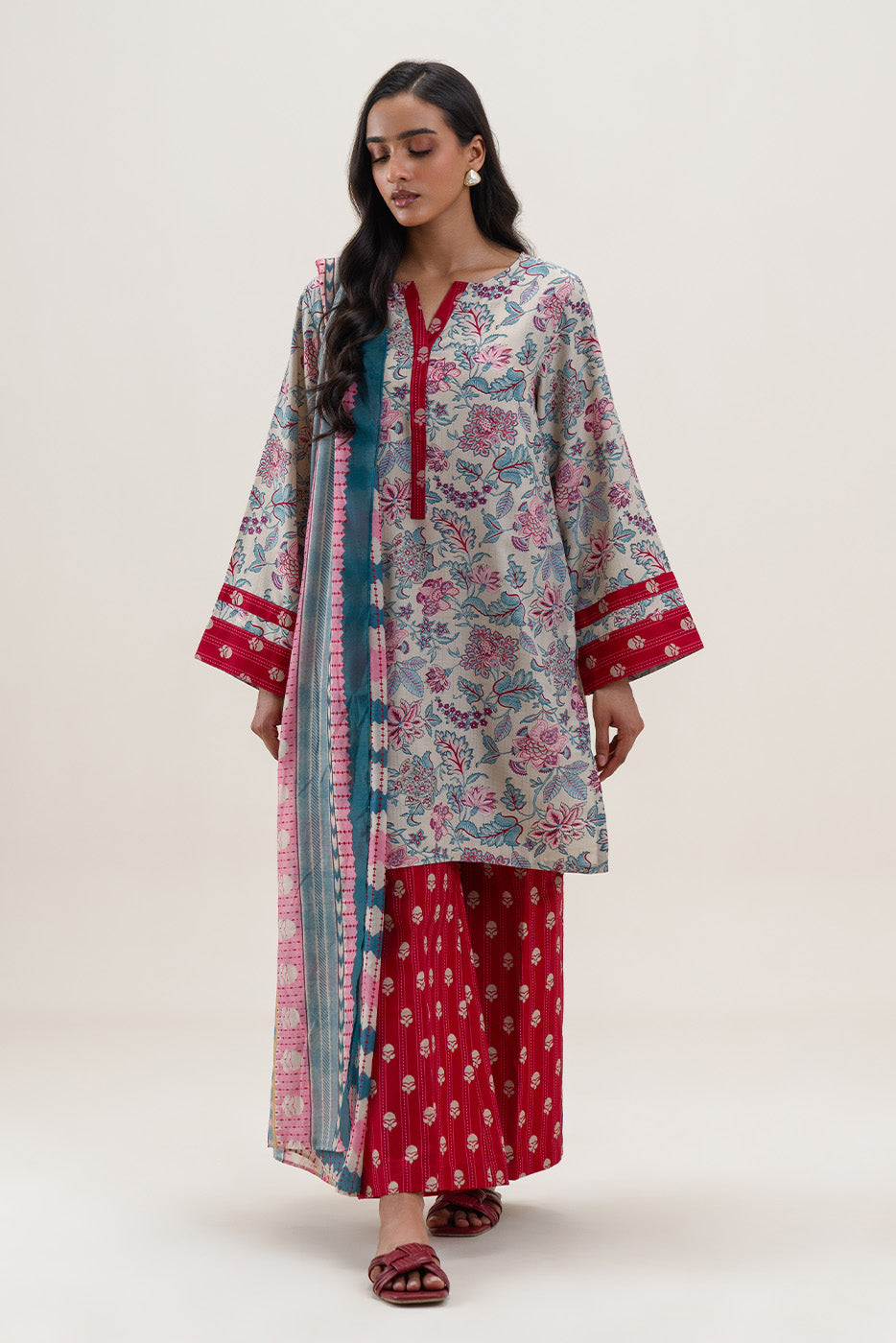 3 PIECE PRINTED BLENDED LAWN SUIT-DEEP CLARET (UNSTITCHED)