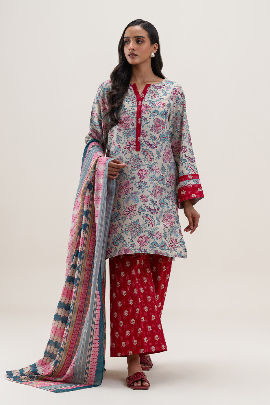 3 PIECE PRINTED BLENDED LAWN SUIT-DEEP CLARET (UNSTITCHED)