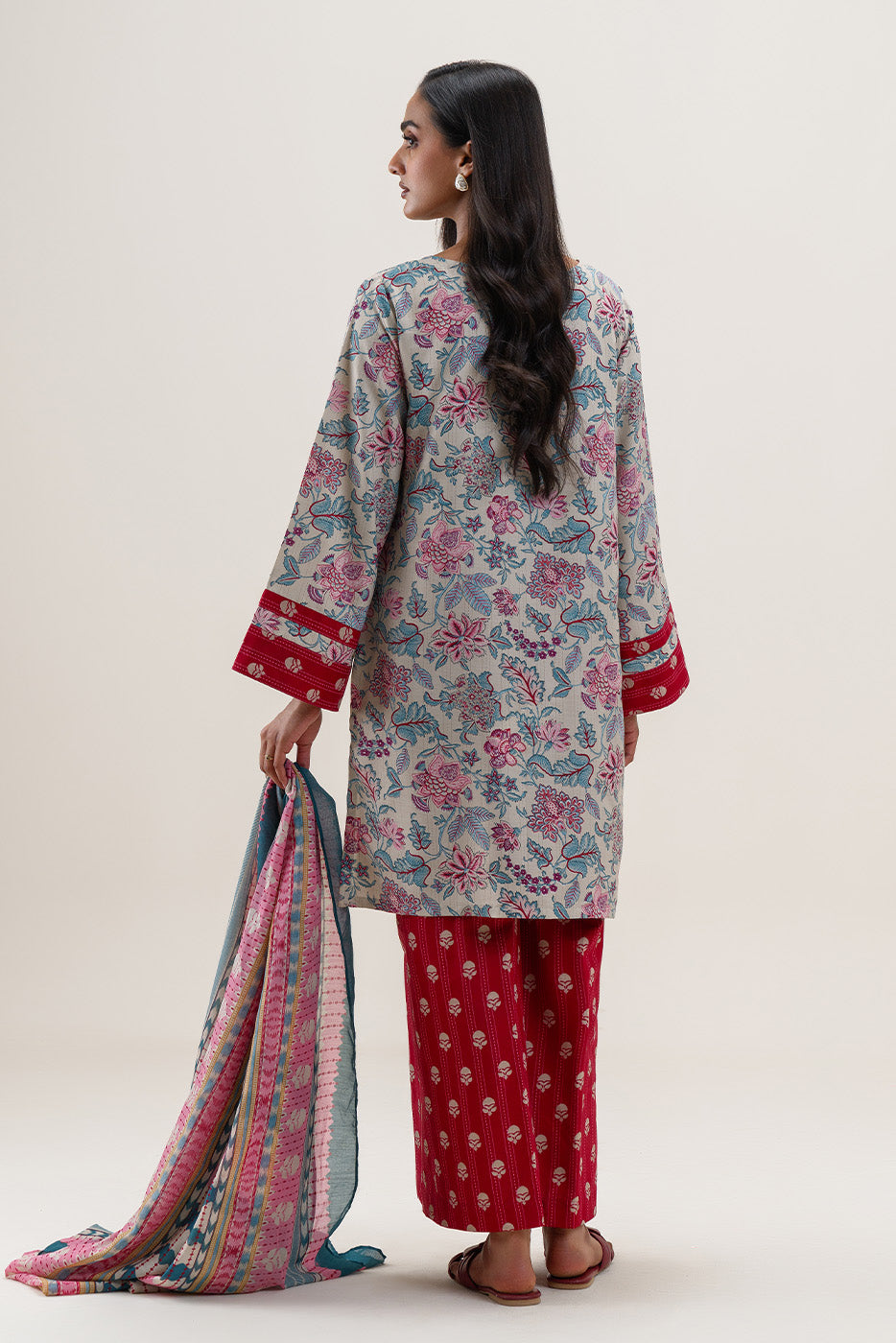 3 PIECE PRINTED BLENDED LAWN SUIT-DEEP CLARET (UNSTITCHED)