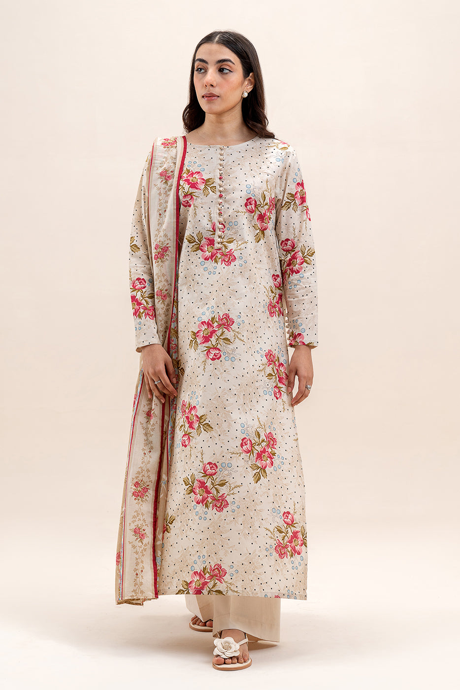 3 PIECE PRINTED LAWN SUIT-BEIGE ORCHID (UNSTITCHED)