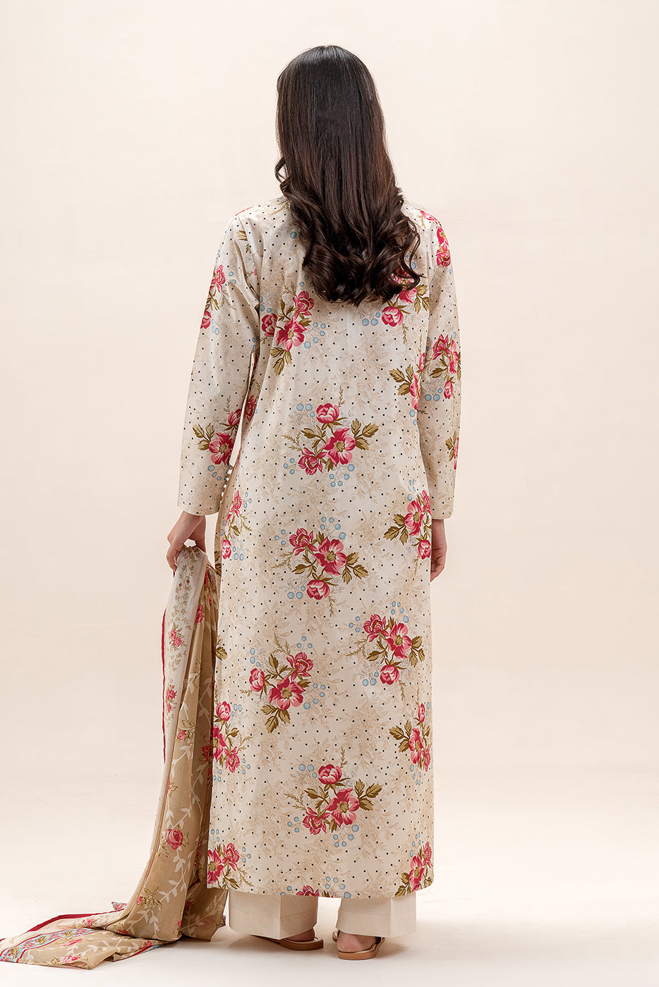3 PIECE PRINTED LAWN SUIT-BEIGE ORCHID (UNSTITCHED)