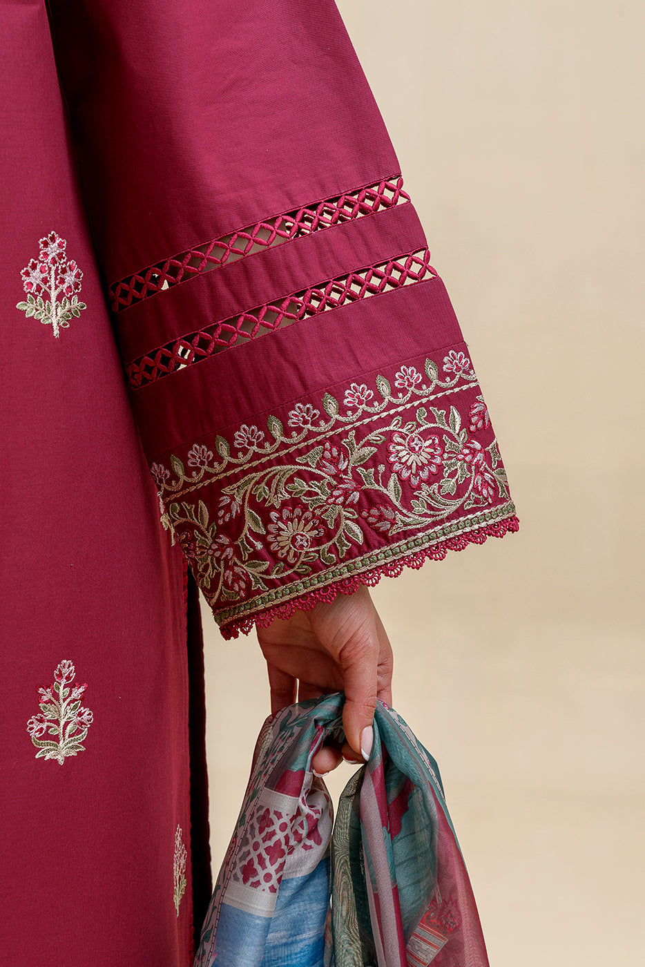 3 PIECE EMBROIDERED LAWN SUIT-ROSY ROUGE (UNSTITCHED)