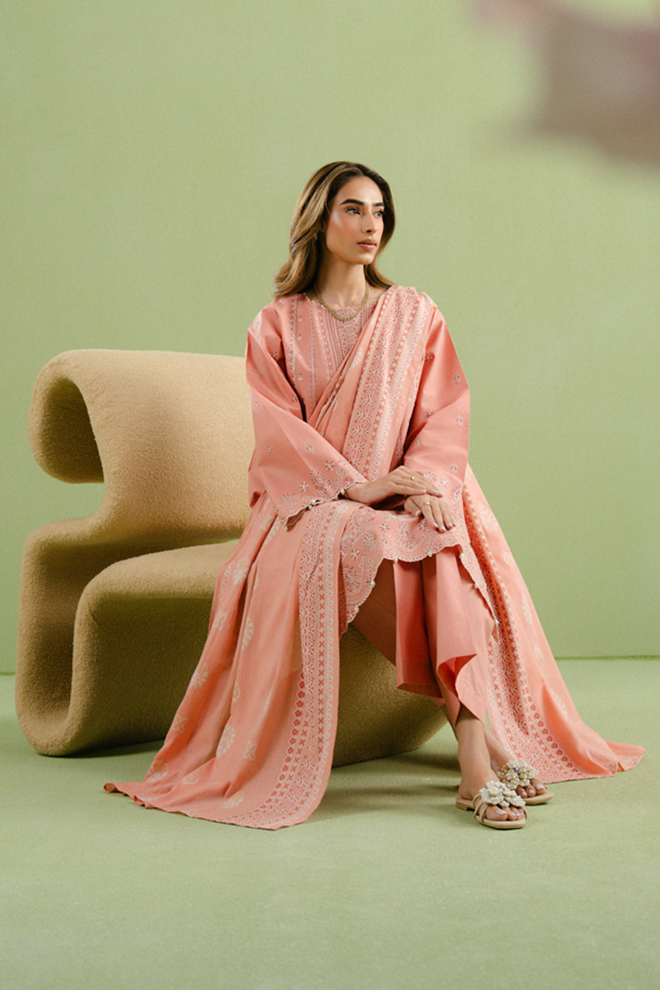 3 PIECE EMBROIDERED LAWN SUIT-CORAL BLISS (UNSTITCHED)
