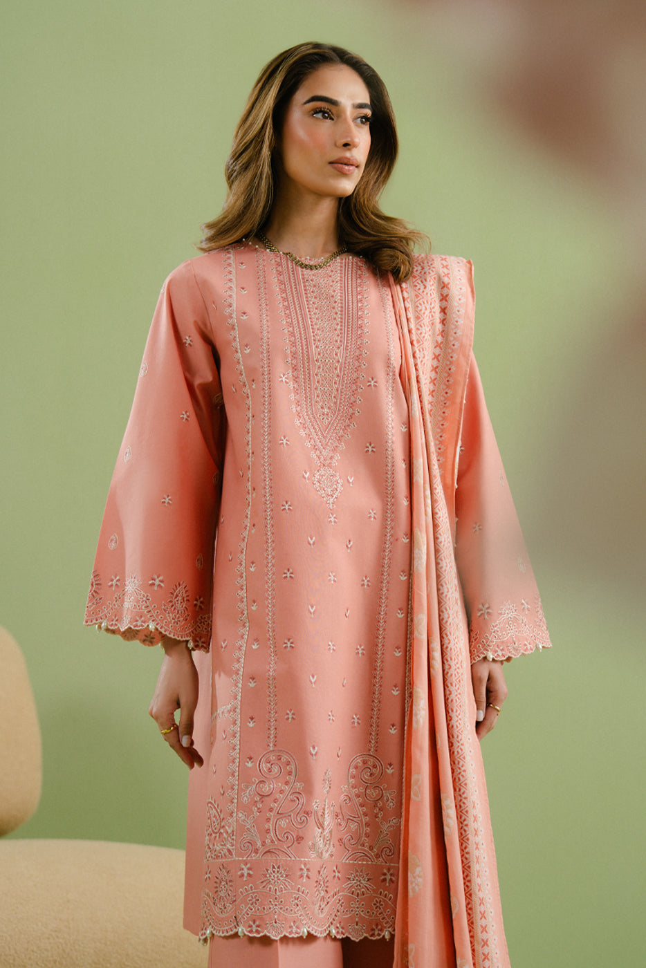 3 PIECE EMBROIDERED LAWN SUIT-CORAL BLISS (UNSTITCHED)