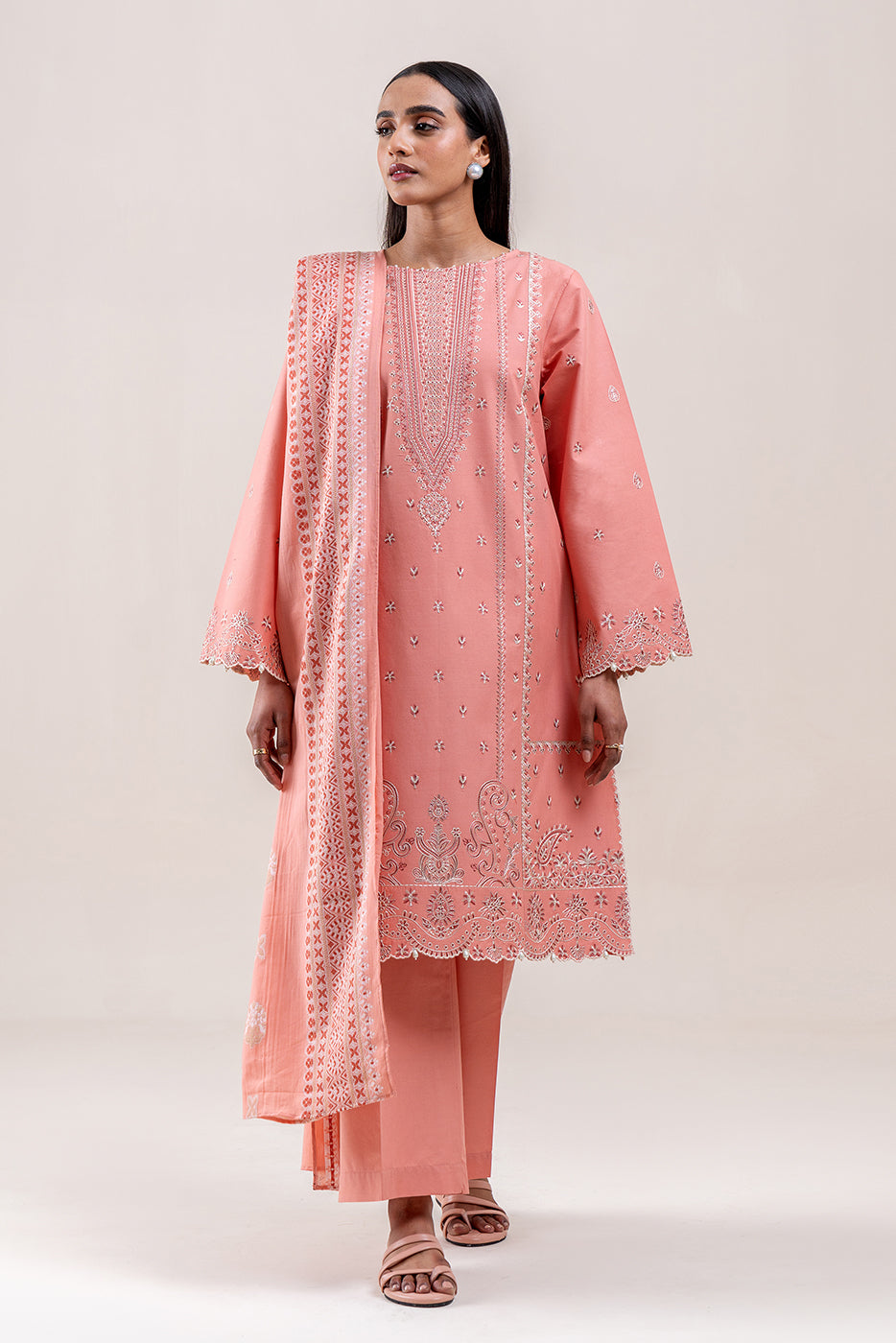3 PIECE EMBROIDERED LAWN SUIT-CORAL BLISS (UNSTITCHED)