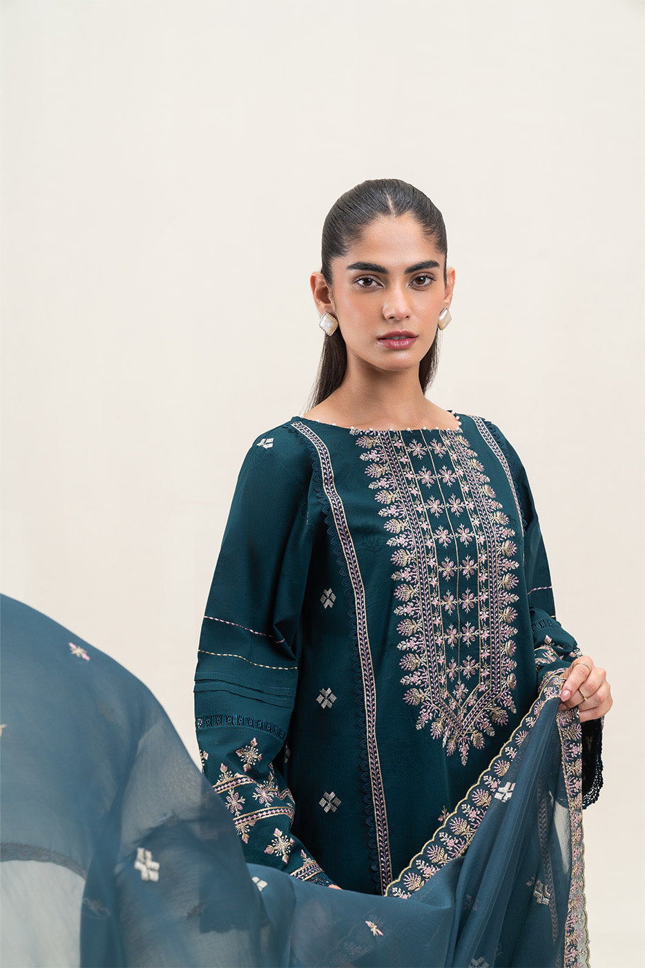 3 PIECE EMBROIDERED SELF JACQUARD SELF JACQUARD SUIT-TEAL WEFT (UNSTITCHED)