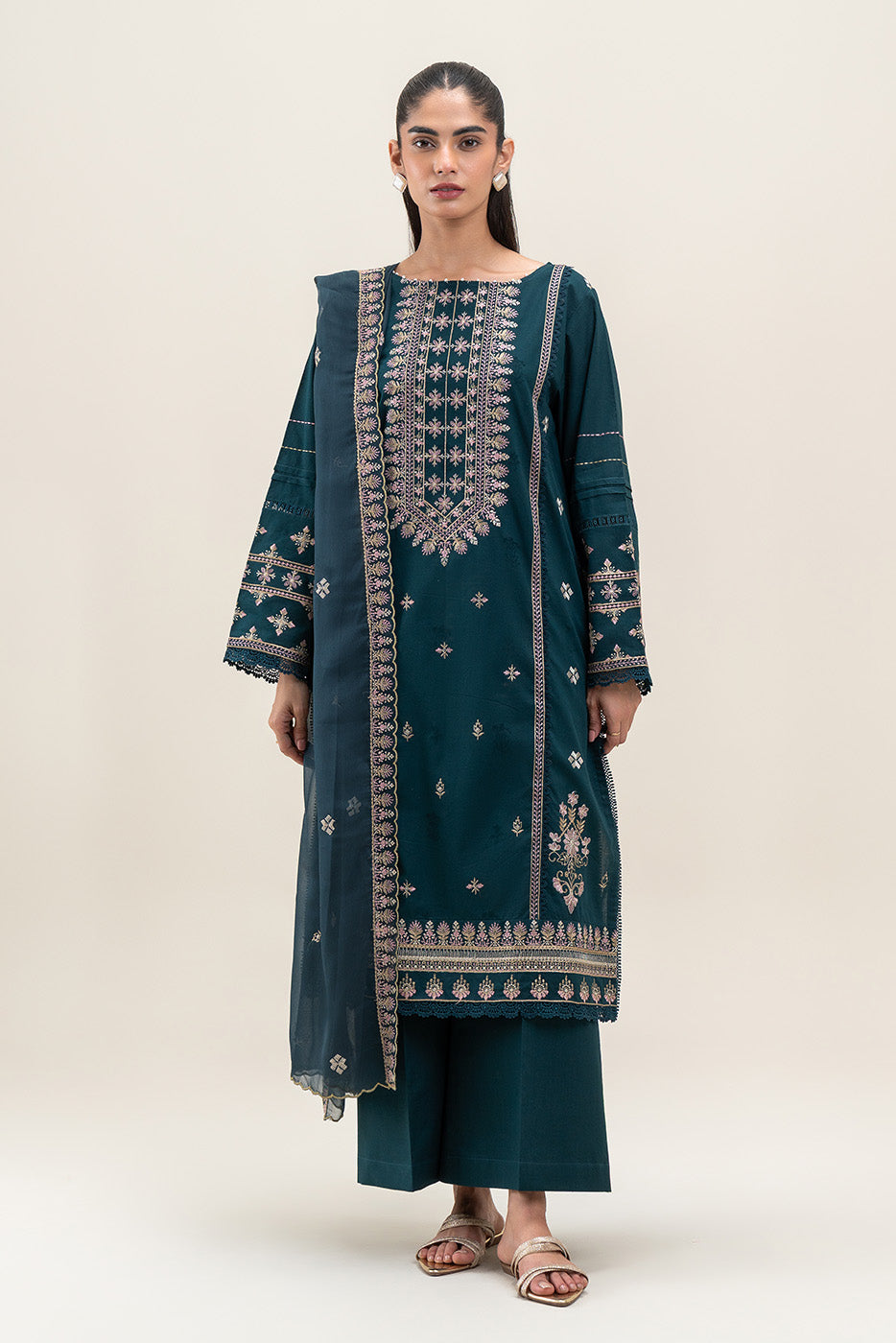 3 PIECE EMBROIDERED SELF JACQUARD SELF JACQUARD SUIT-TEAL WEFT (UNSTITCHED)