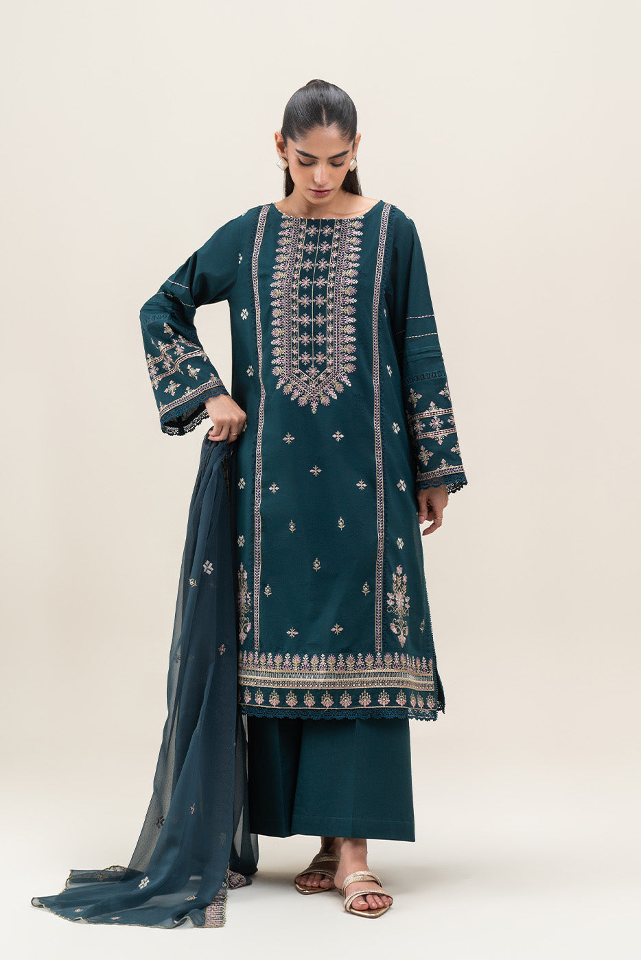 3 PIECE EMBROIDERED SELF JACQUARD SELF JACQUARD SUIT-TEAL WEFT (UNSTITCHED)